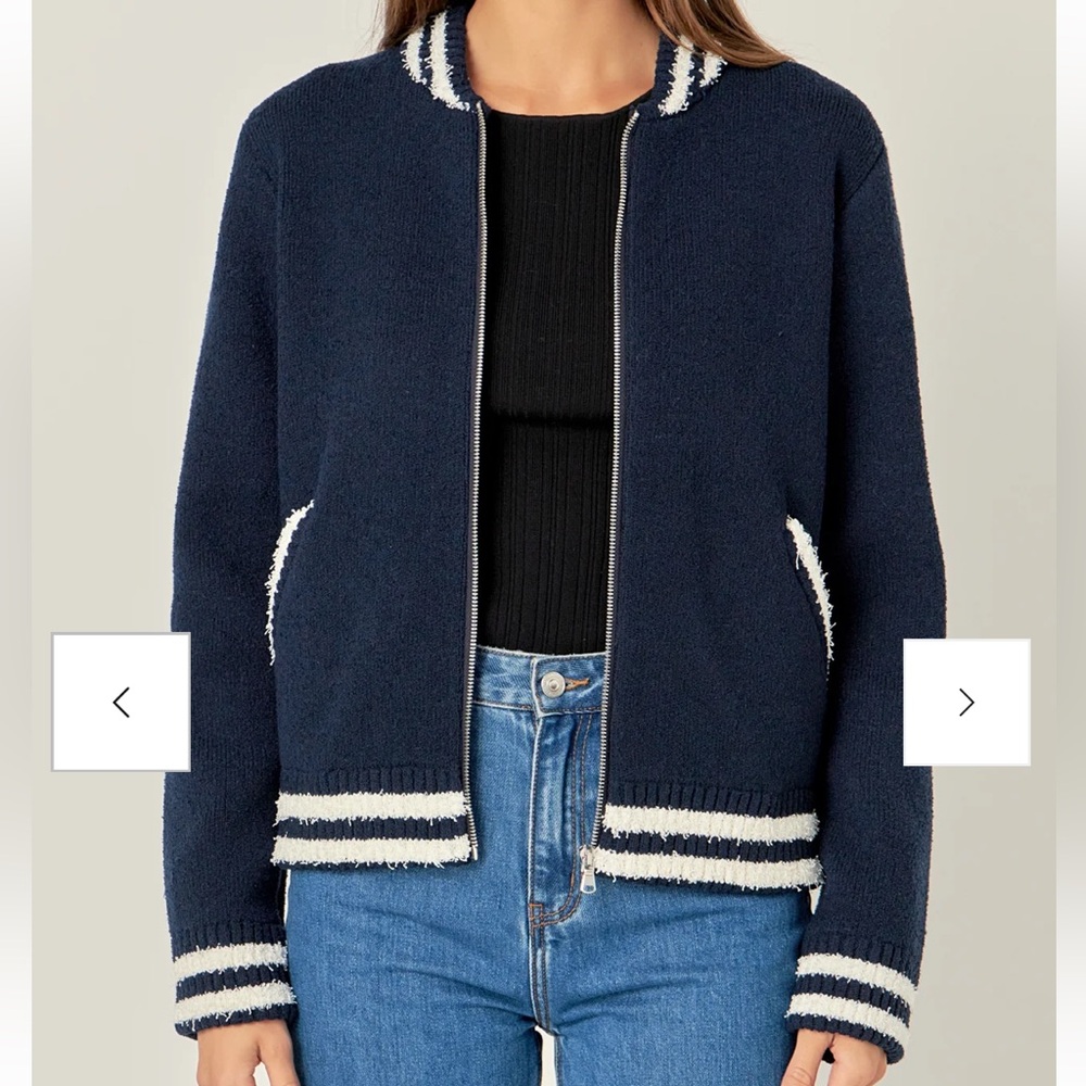 English Factory Navy Knit Bomber Jacket with White Stripes